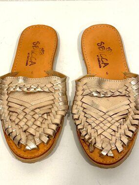 Sbicca Leather Huarache Mules Slip On Slides Flats Woven Upper Champagne Size 6